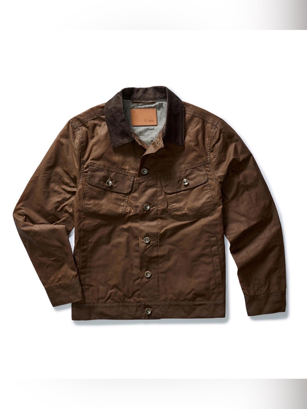 Taylor Stitch Long Haul Jacket in Tobacco Waxed Canvas with Dark Corduroy Collar